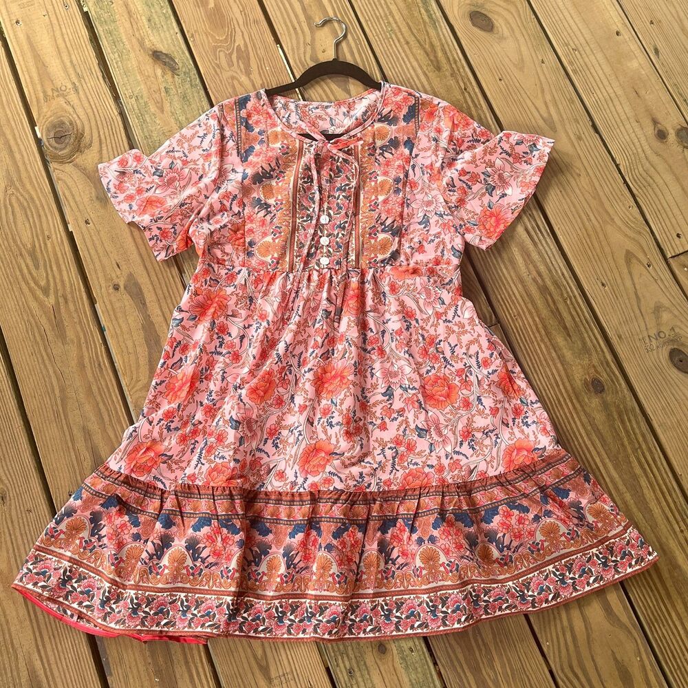 NWOT Shein Vcay Floral Tie Collar Dress - Ruffle Hem - Short Sleeve - Large